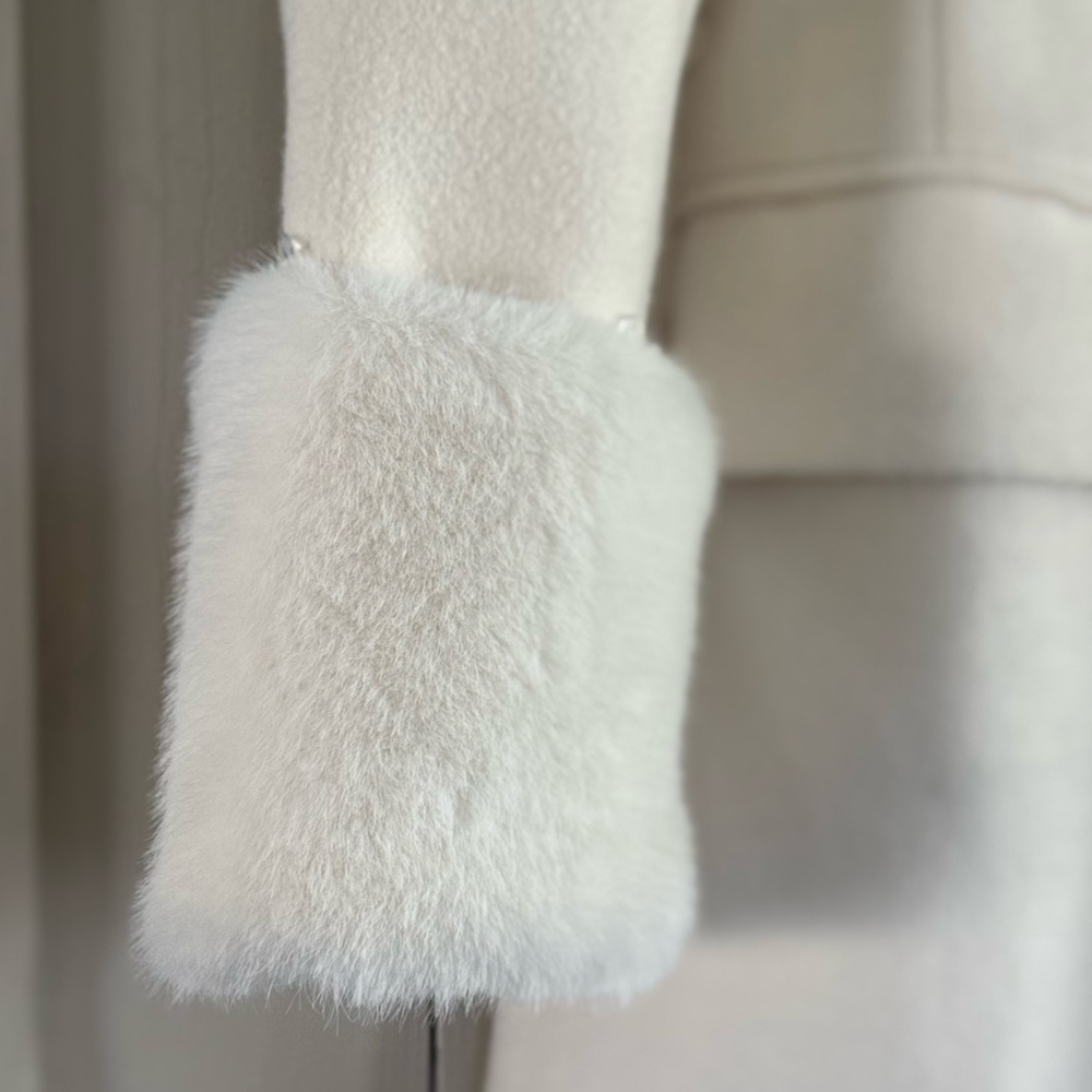MOTF Cream Aplique lapel elegant  Wool-Blend Pea Coat with Faux Fur Cuffs - Picture 5 of 10